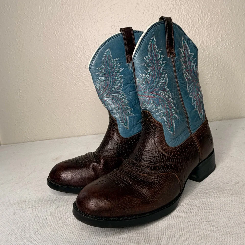 Ariat western brown boot with blue embroidered shaft